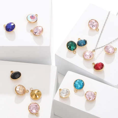 Stainless Steel Round Crystal Birthstone Pendant Gold Plated Glass Charm For DIY Jewelry Making Necklace Accessory