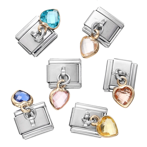 Stainless Steel Italian Charm Link Heart Rhinestone Pendant Colorful Crystal Dangle For DIY Modular Bracelet Accessory Women Jewelry