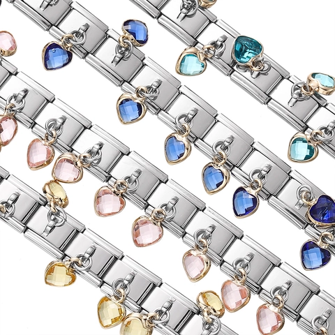 Stainless Steel Italian Charm Link Heart Rhinestone Pendant Colorful Crystal Dangle For DIY Modular Bracelet Accessory Women Jewelry