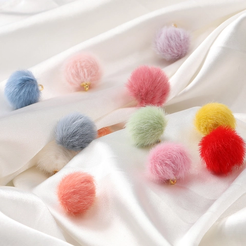 Imitation Mink Fur Pom Pom Charms Flocked Round Beads With Gold Metal Loop For DIY Earring Necklace Bracelet Jewelry Making