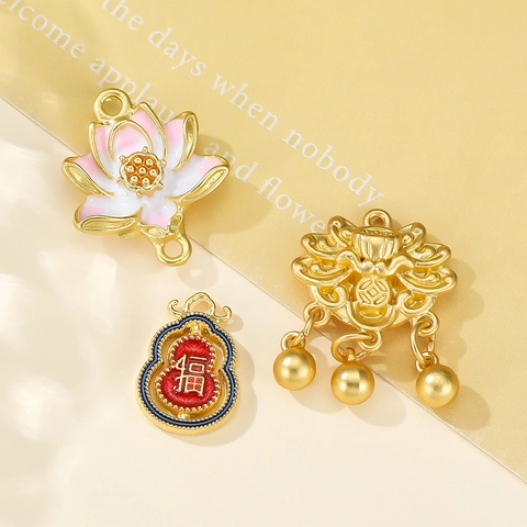 Vintage Alloy Enamel Lucky Pendants Chinese Style Lotus Koi Fortune Bag Gourd Bamboo DIY Jewelry Making Accessories