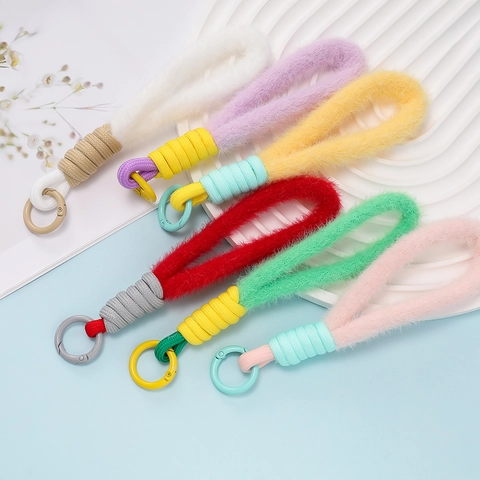 Pluche Macaron Kleur Sleutelhanger Lanyard Schattig Zacht Pluizig Ring Tashanger Telefoonkoord Decoratief Accessoire Vrouwen Meisjes