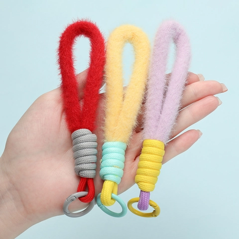 Pluche Macaron Kleur Sleutelhanger Lanyard Schattig Zacht Pluizig Ring Tashanger Telefoonkoord Decoratief Accessoire Vrouwen Meisjes