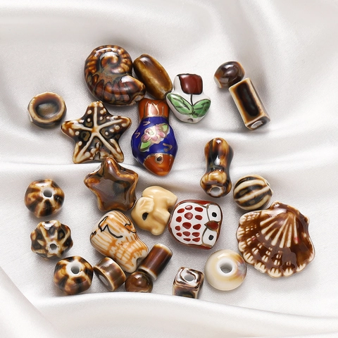 Vintage Handmade Glazed Ceramic Beads Various Shapes Owl Elephant Starfish Fish Shell Loose Beads For DIY Jewelry Making Crafts