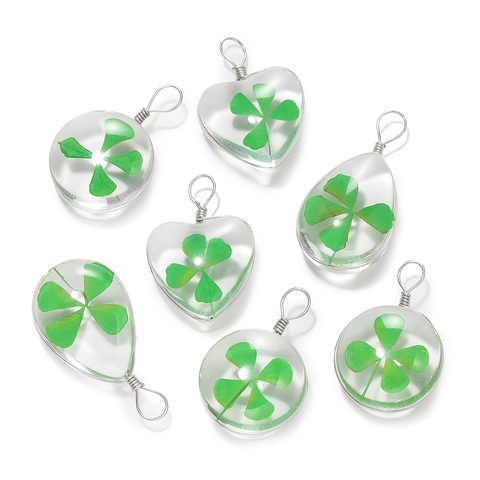 Glass Lucky Four Leaf Clover Pendant Heart Round Waterdrop Transparent Dried Flower Specimen DIY Jewelry Accessories Making