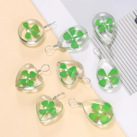 Glass Lucky Four Leaf Clover Pendant Heart Round Waterdrop Transparent Dried Flower Specimen DIY Jewelry Accessories Making