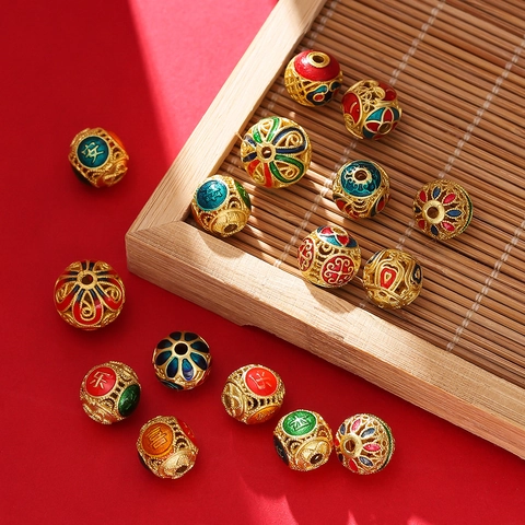 Cloisonne Enamel Hollow Filigree Spacer Beads Copper Alloy Round Sphere Auspicious Character Floral DIY Jewelry Making Accessories