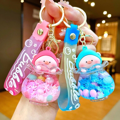 Cute Cartoon Pig Liquid Quicksand Keychain Luminous Floating Piggy Bag Pendant Acrylic Resin Keyring For Girls Women Gift