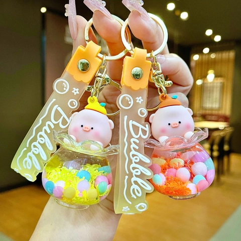Cute Cartoon Pig Liquid Quicksand Keychain Luminous Floating Piggy Bag Pendant Acrylic Resin Keyring For Girls Women Gift