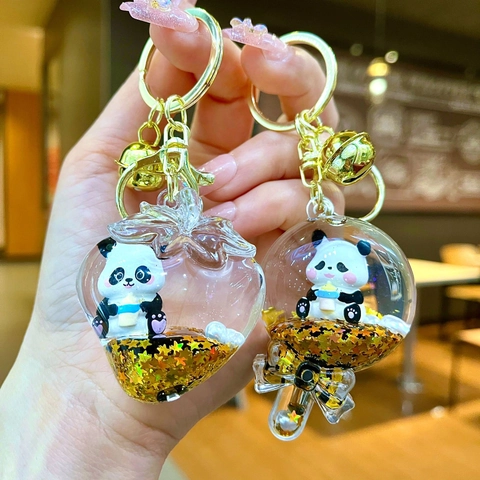 Llavero de Acrílico Líquido Panda de Dibujos Animados Lindo Colgante de Bolsa Panda Con Campana de Metal Llavero de Lentejuelas Brillantes Regalo