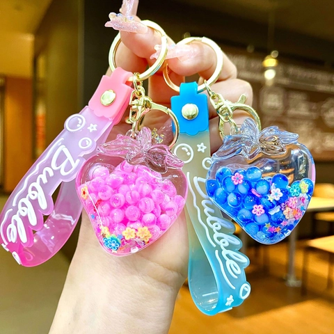 Portachiavi Fragola in Acrilico Luminoso Ciondolo Borsa Frutta 3D con Sabbie Mobili Liquide e Cinturino in Silicone per Donna