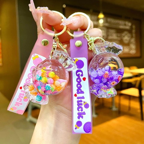 Luminous Candy Shape Acrylic Liquid Quicksand Keychain Good Luck Letter Strap Cute Colorful Beads Pendant Bag Charm For Women