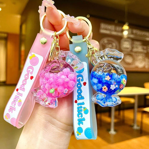 Luminous Candy Shape Acrylic Liquid Quicksand Keychain Good Luck Letter Strap Cute Colorful Beads Pendant Bag Charm For Women