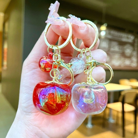 Iridescent Apple Shaped Keychain Acrylic Simulation Fruit Bag Charm Electroplated Metal Clasp Cute Lucky Gift For Women Girls