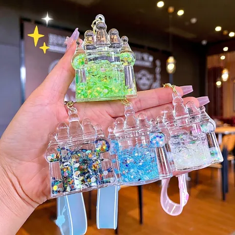 Liquid Quicksand Castle Keychain Glow In The Dark Castle Pendant With Silicone Strap Bell For Bag Hanging Accessories