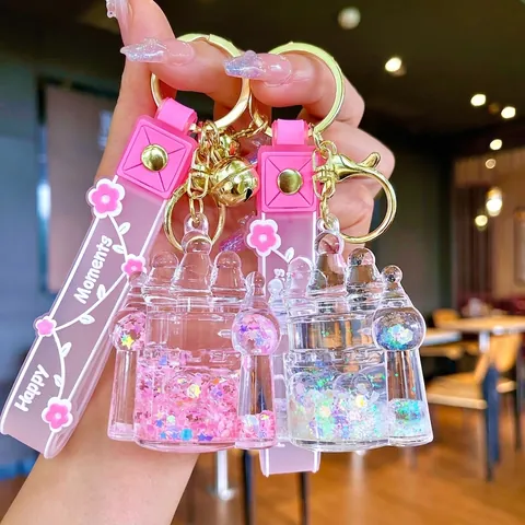 Liquid Quicksand Castle Keychain Glow In The Dark Castle Pendant With Silicone Strap Bell For Bag Hanging Accessories