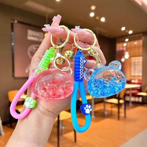 Cartoon Bear Head Liquid Quicksand Keychain With Silicone Strap Cat Paw Charm Bell Pendant For Schoolbag Decorative Keyring Gift