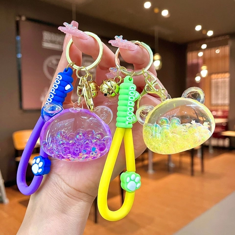 Cartoon Bear Head Liquid Quicksand Keychain With Silicone Strap Cat Paw Charm Bell Pendant For Schoolbag Decorative Keyring Gift