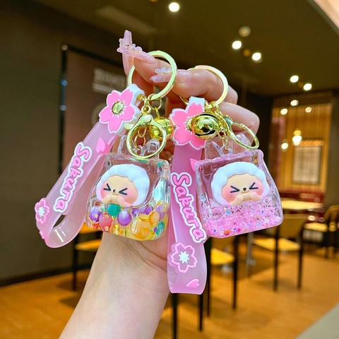 Cartoon Quicksand Liquid Bottle Keychain Cute Sheep Keyring With Silicone Strap And Bell For Bag Charm Women Accessory