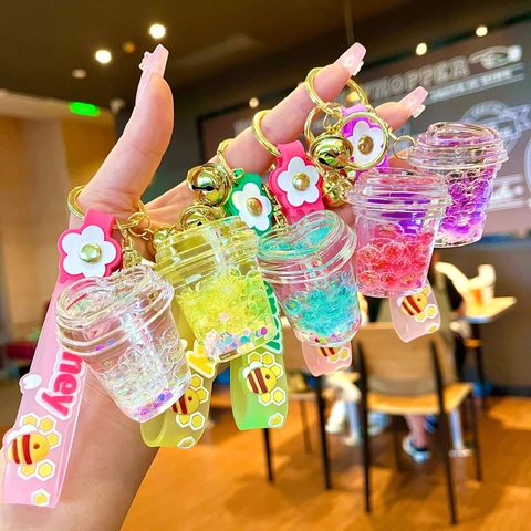 Luminous Heart Yogurt Cup Quicksand Keychain Creative Liquid Oil Bee Honey Silicone Strap Bag Charm Key Ring For Women Kids