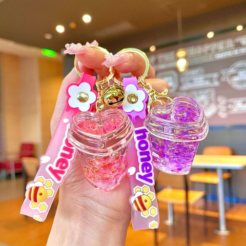 Luminous Heart Yogurt Cup Quicksand Keychain Creative Liquid Oil Bee Honey Silicone Strap Bag Charm Key Ring For Women Kids