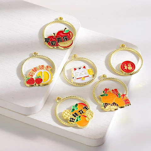 Alloy Enamel Lucky Cat Fortune Pendant Chinese Style Auspicious Persimmon Charm For DIY Jewelry Making Keychain Necklace Accessory