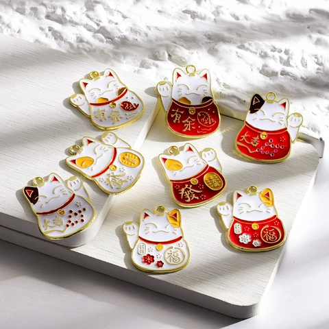 Alloy Enamel Lucky Cat Fortune Pendant Chinese Style Auspicious Persimmon Charm For DIY Jewelry Making Keychain Necklace Accessory
