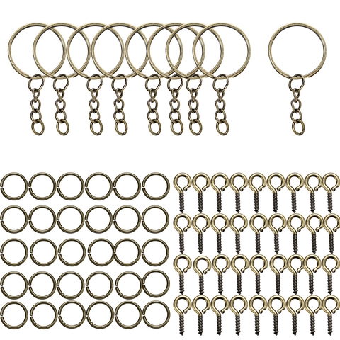 Metal Keychain Component Kit with Split Rings Jump Rings and Screw Eye Pins for DIY Handcrafted Jewelry Making Craft Supplies