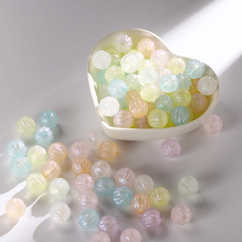 11mm Acrylic Iridescent Pumpkin Beads Mermaid Pearlescent Ribbed Round Loose Beads For DIY Jewelry Making Bracelet Materials