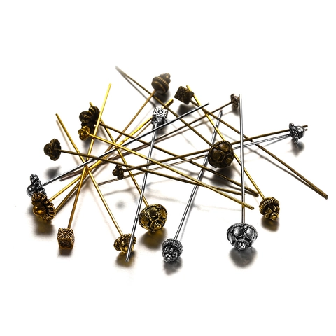 Vintage Copper Head Pins For DIY Jewelry Making Carved Flower Ball Head Metal T-Pins For Beading Findings Accessories