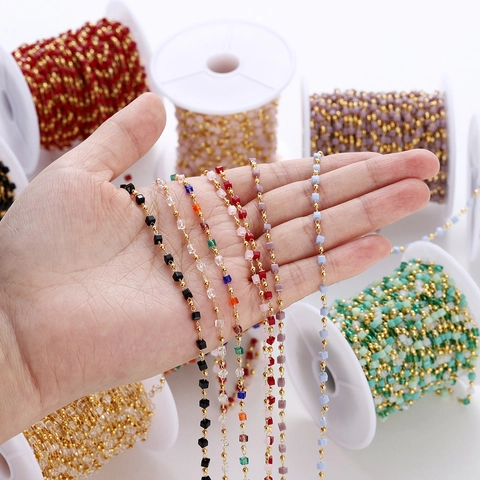 Handmade DIY Jewelry Making Chain Colored Cube Stone Copper Round Bead Chain For Bracelet Earring Accessory DIY Materials