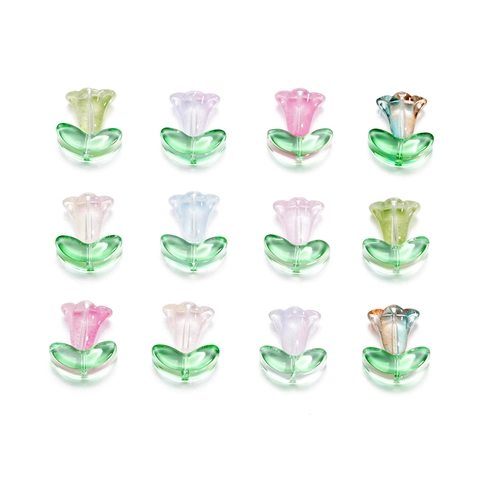Tulip Flower Glass Beads With Green Leaf Base Lily Of The Valley Morning Glory Loose Beads For DIY Jewelry Making Accessories