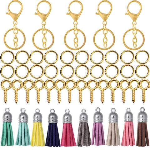 DIY Keychain Making Kit Set Multicolored Artificial Leather Tassels Alloy Lobster Clasps Split Rings For Handmade Jewelry Craft Supplies