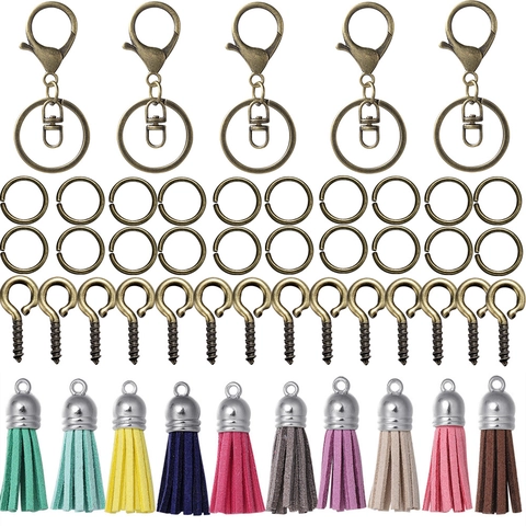 DIY Keychain Making Kit Set Multicolored Artificial Leather Tassels Alloy Lobster Clasps Split Rings For Handmade Jewelry Craft Supplies