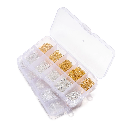 Kit para Crear Joyas DIY Fornituras Anillas Mosquetones Cuentas de Engaste Cadenas de Extensión Caja Dorado Plateado