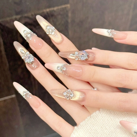 Uñas Postizas Degradado Rosa Dorado Ojo de Gato Stiletto Largo Lujo Diamantes de Imitación Perla Artificial Elegante Hecho a Mano