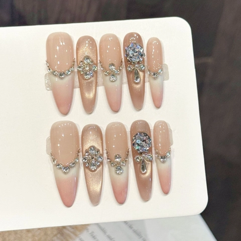 Uñas Postizas Degradado Rosa Dorado Ojo de Gato Stiletto Largo Lujo Diamantes de Imitación Perla Artificial Elegante Hecho a Mano