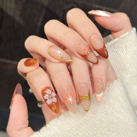 Handmade Press On Nails Long Almond Gradient Pink Amber Nails With 3D Flower Star Rhinestone Artificial Pearl Decoration