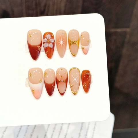 Handmade Press On Nails Long Almond Gradient Pink Amber Nails With 3D Flower Star Rhinestone Artificial Pearl Decoration