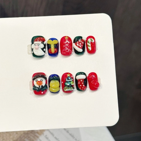 3D-Relief Weihnachten Press On Nails Handgefertigt Weihnachtsmann Baum Zuckerstange Festliche Künstliche Nägel Damen Schmuck