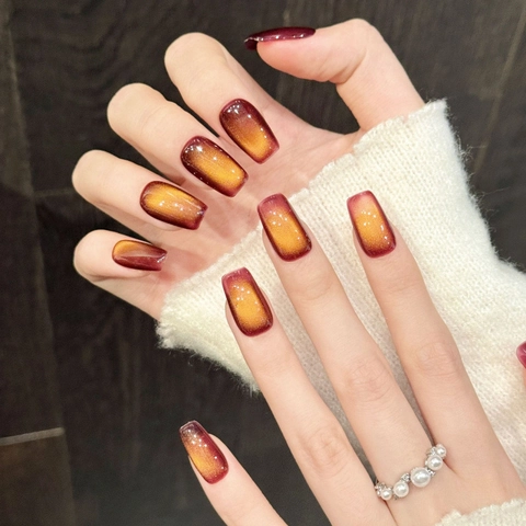 Rood Oranje Gradiënt Kattenoog Press On Nagels Glanzend Magnetisch Glitter Korte Trapezium Shimmer Manicure Voor Vrouwen