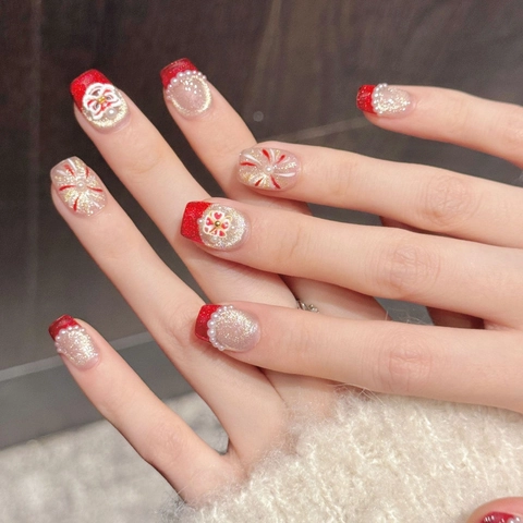 Chinese Style New Year Lion Dance Red Gold Press On Nails Handmade Rhinestone Artificial Pearl Festive 3D Relief Manicure Tips