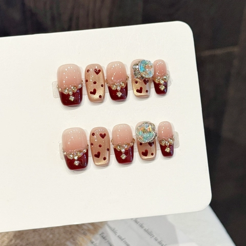 Uñas Postizas Hechas a Mano Rojo Vino Corazón Strass Dulce Ojo de Gato Lujo Cristal para Mujer Boda Fiesta Arte de Uñas