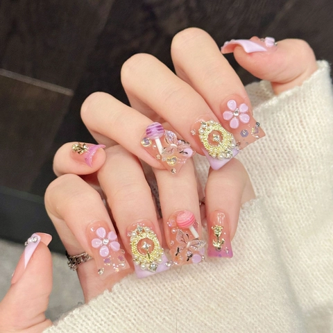 Handcrafted 3D Flower Butterfly Press On Nails Sweet Y2K Pink Purple Gradient False Nails With Rhinestone Artificial Pearl For Women