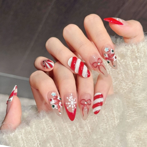 Uñas Postizas de Navidad Hechas a Mano Rojo Blanco Bastón Caramelo Copo Relieve 3D Lazo Strass Forma Almendrada para Mujer