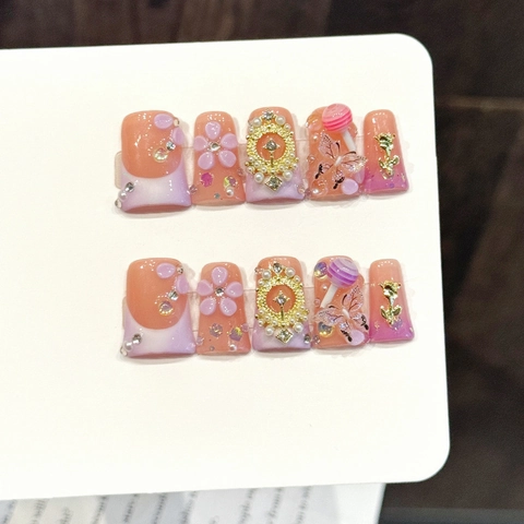 Handcrafted 3D Flower Butterfly Press On Nails Sweet Y2K Pink Purple Gradient False Nails With Rhinestone Artificial Pearl For Women
