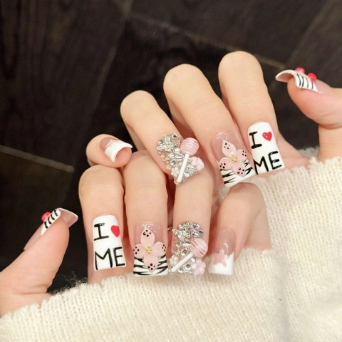 Uñas Postizas Hechas A Mano Resina Diseño Cereza Rosa Flor 3D Strass Perla Artificial Estilo Dulce Genial Accesorios Manicura Mujer