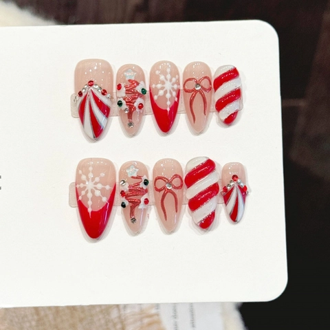 Uñas Postizas de Navidad Hechas a Mano Rojo Blanco Bastón Caramelo Copo Relieve 3D Lazo Strass Forma Almendrada para Mujer