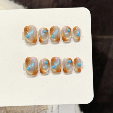 Unghie Finte Fatte a Mano Occhio di Gatto Arancione Blu Sfumato Ambra Decorazione 3D Unghie Francesi Per Donna