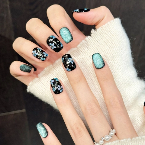 Uñas Postizas a Presión Flor de Estrella Azul Oscuro Negro Azul Floral Ojo de Gato Purpurina Estilo Cool Hecho a Mano